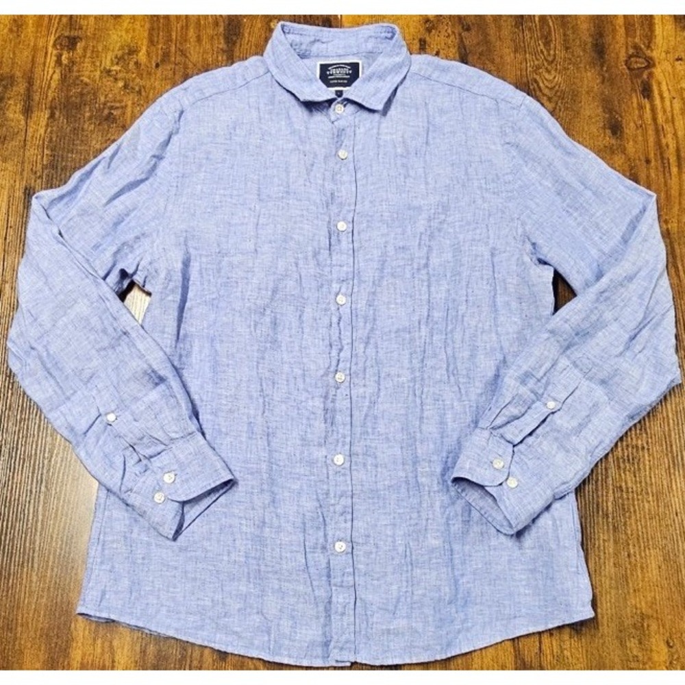 Charles Tyrwhitt Extra Slim Fit Blue Linen Button Up Long Sleeve Men's Sz Large
